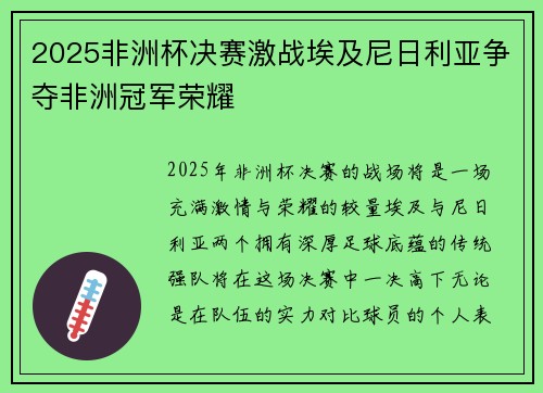 2025非洲杯决赛激战埃及尼日利亚争夺非洲冠军荣耀